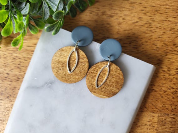 Modern Wood & Blue Earrings