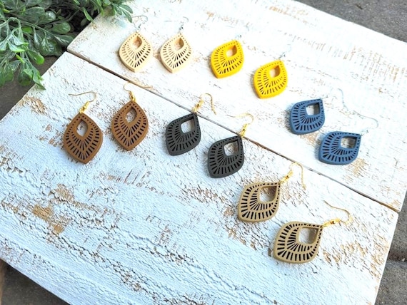 Blue Wooden Teardrop Dangle Earrings.
