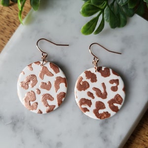 Leopard Print Rose gold Clay Earrings, Circle Dangle Statement Earrings, White and Rose Gold Dangle Earrings