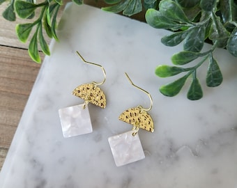 Geometric Dangle Earrings: White Pearl Acrylic, 14k Gold Hooks.