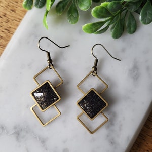Black Geometric Earrings, Modern Earrings, Antique Gold Earrings, Dressy Earrings, Clay Earrings, Black and Gold Earrings, Gift for Her