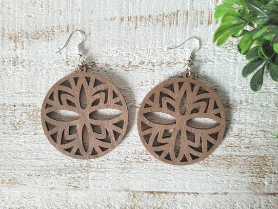 Wood Flower Mandala Dangle Earrings.