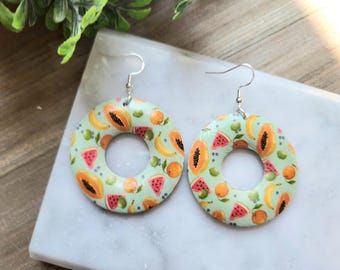 Wood Hoop Fruit Earrings: Sterling Silver Hooks, Summer Chic.