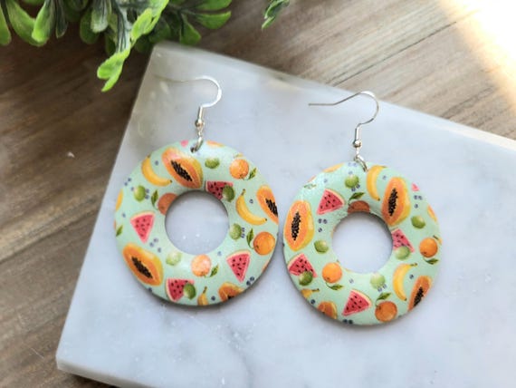 Wood Hoop Fruit Earrings