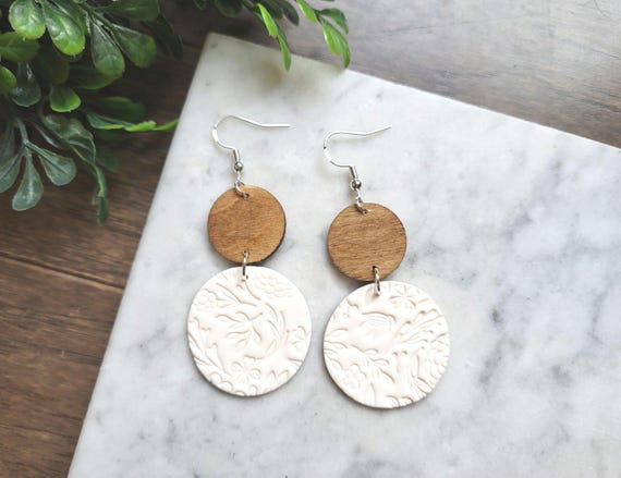 White Floral Stamped Clay Earrings.