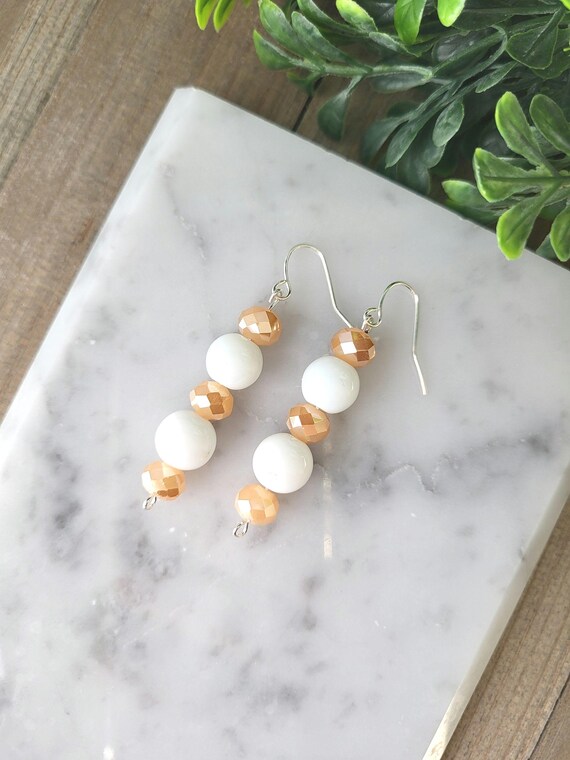 Neutral White Bead Dangle Earrings.