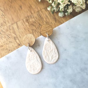 Floral Teardrop Earrings: Polymer Clay with Wood Studs. image 1