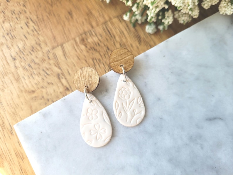 Floral Teardrop Earrings: Polymer Clay with Wood Studs. image 1