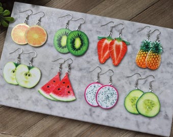 Acrylic Fruit Earrings, Strawberry, Pineapple, Kiwi, Watermelon, Apple, Orange, Dragon Fruit