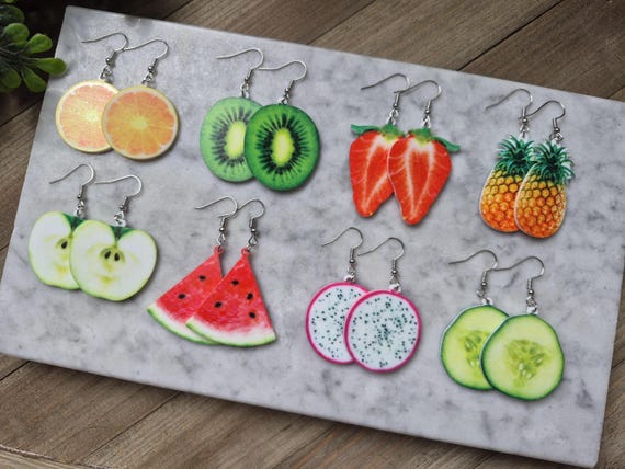 Fun fruit earrings, acrylic earrings, strawberry, pineapple, kiwi, watermelon, cucumber, apple, orange, pineapple.