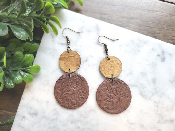 Chocolate Brown Floral Stamped Clay Earrings.