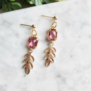 Pink Crystal Dangle Earrings: Gold Leaf, 18k Plated Studs