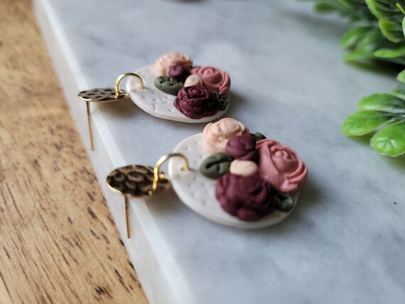 Polymer Clay Rose Earrings: Blush Pink Floral Dangle Earrings