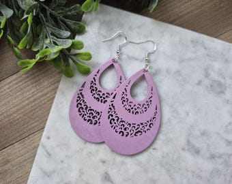 Large Wooden Teardrop Earrings, Modern Purple Dangle Earrings.