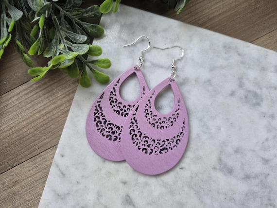 Large Wooden Teardrop Earrings, Modern Purple Dangle Earrings.