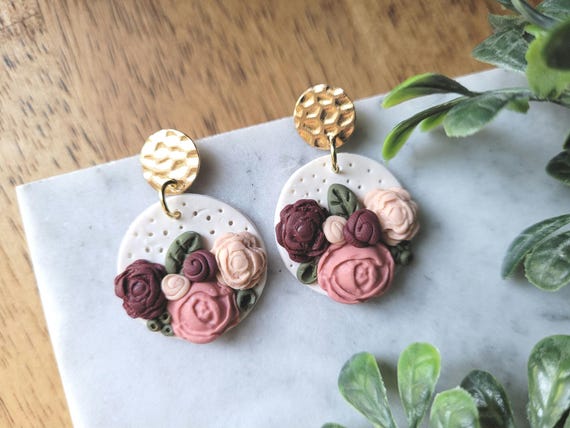 Blush Wine Pink Rose Flower Earrings.