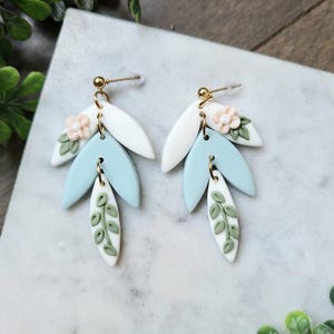 Large Floral Dangle Earrings – White and Blue Floral Statement Earrings | Botanical Drop Earrings | Handmade Nature Jewelry, Flower Earrings