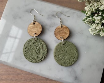 Olive Green Earrings,  Floral Earrings, Floral Stamped Earrings, Handmade Earrings, Polymer Clay, Boho, Bridal Earrings, Statement Earrings