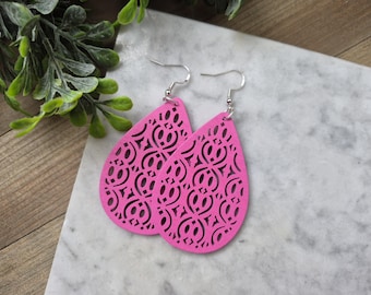 Large Wooden Teardrop Earrings, Modern Dark Pink Dangle Earrings.