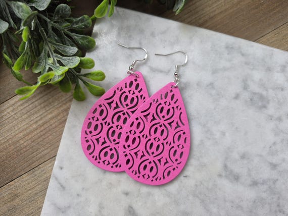Large Wooden Teardrop Earrings, Modern Dark Pink Dangle Earrings.
