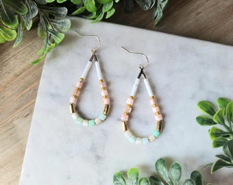 Pastel Glass Bead Dangle Earrings: Boho Chic Sterling Silver Hooks.