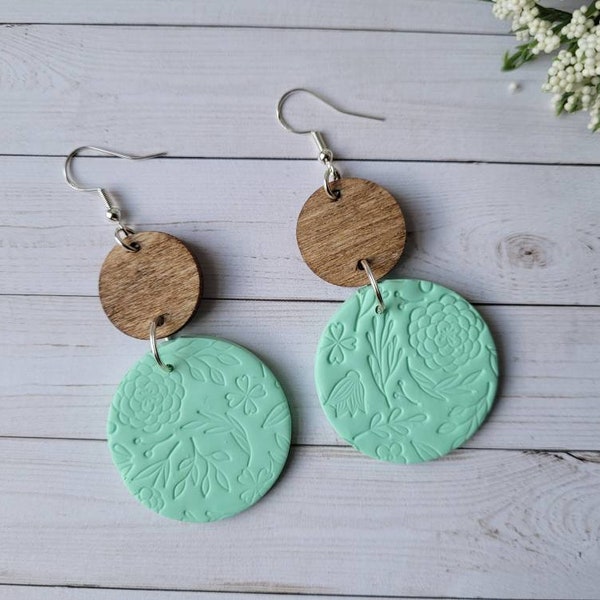 Turquoise Green Earrings,  Floral Earrings, Teal earrings, Polymer Clay Earrings, Handmade Earrings, Light Green Earrings, Dangle Earrings