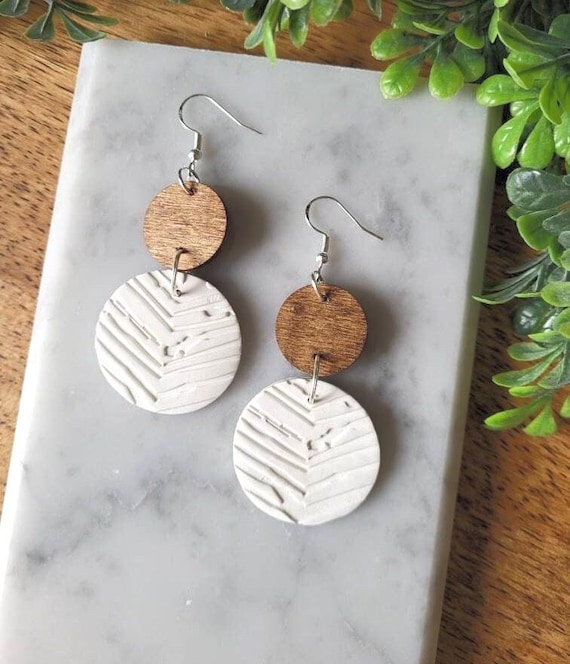 Chevron Clay and Wood Dangle Earrings.