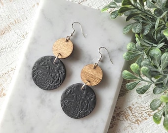 Floral Stamped Black Clay Earrings: Boho Statement Jewelry.
