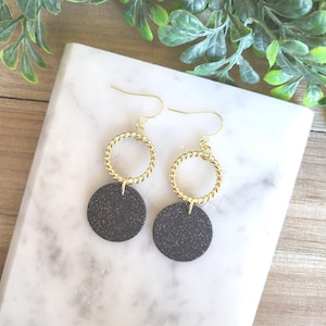 Gold and Black Earrings, Black Dangle Earrings, Black Polymer Clay Earrings, Golden Earrings, Gold Hoop Earrings, Formal Statement Earrings