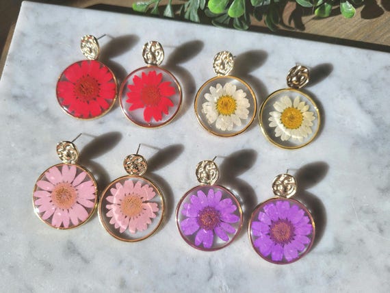 Large Daisy Pressed Flower Earrings.