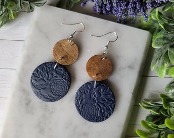 Navy Blue Clay Earrings, Blue Floral Stamped Earrings, Blue Dangle Earrings, Handmade Clay Earrings, Boho, Dark Blue, Gift Idea