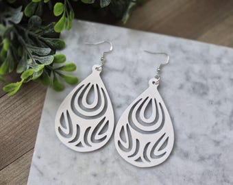 Large Wooden Teardrop Earrings, Modern White Dangle Earrings.