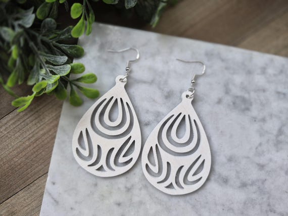 Large Wooden Teardrop Earrings, Modern White Dangle Earrings.