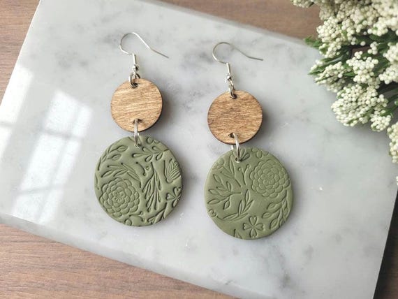 Olive Green Floral Stamped Clay Earrings.