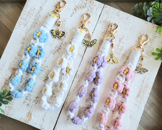 Colorful Macrame Flower Keychain with Butterfly Charm