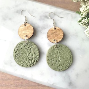 Olive Green Earrings,  Floral Earrings, Floral Stamped Earrings, Handmade Earrings, Polymer Clay, Boho, Bridal Earrings, Statement Earrings.