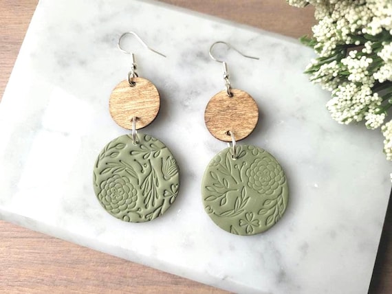 Olive Green Floral Stamped Clay Earrings.