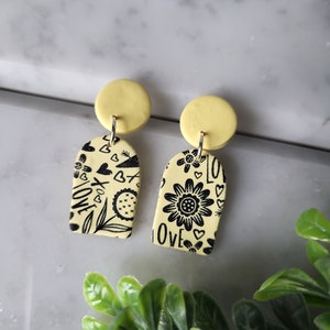Handmade Yellow and Black Polymer Clay Flower Earrings - Lightweight Statement Jewelry