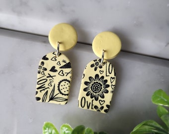 Handmade Yellow and Black Polymer Clay Flower Earrings - Lightweight Statement Jewelry.