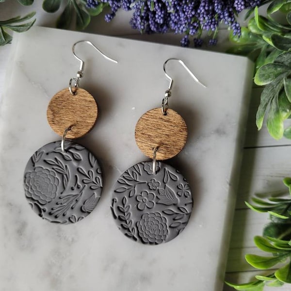 Dark Grey Clay Earrings, Gray Floral Stamped Earrings, Grey Dangle Earrings, Handmade Clay Earrings, Boho,  Mother's Day Gift, Birthday Gift