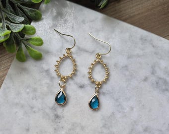 Gold Teardrop Earrings with Blue Gemdrop: Minimalist Jewelry
