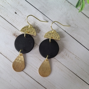Matte Black Polymer Clay Earrings, Brass Teardrop and Gold Hooks, modern earrings, black earrings, gold earrings, Lightweight earrings