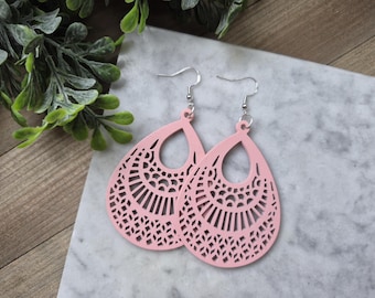 Large Wooden Teardrop Earrings, Modern Pink Dangle Earrings.