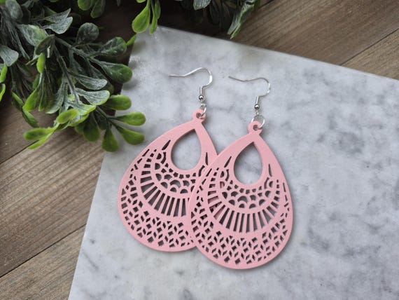 Large Wooden Teardrop Earrings, Modern Pink Dangle Earrings.