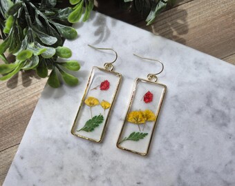 Real Pressed Flower Resin Rectangle Earrings: Gold Plated Hooks, Dangle Jewelry