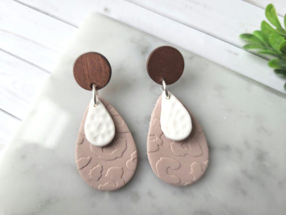 Leopard Print Teardrop Polymer Clay Earrings.