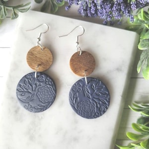Navy Blue Clay Earrings, Blue Floral Stamped Earrings, Blue Dangle Earrings, Handmade Clay Earrings, Boho, Dark Blue, Gift Idea