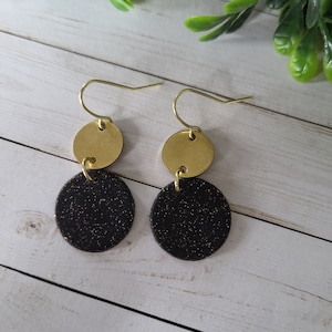 Black and Gold Polymer Clay Statement Earrings, Small Black earrings with Gold Circles, Brass Earrings, Gold Dangles Earrings