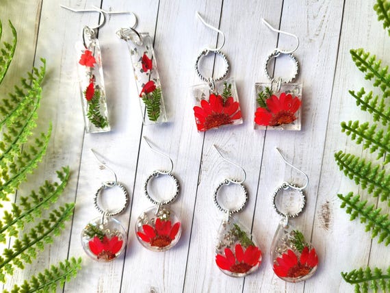 Red Resin Earrings with Real Dried Flowers