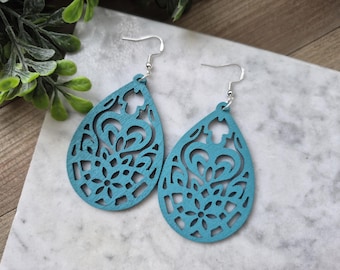 Large Wooden Teardrop Earrings, Modern Teal Dangle Earrings.